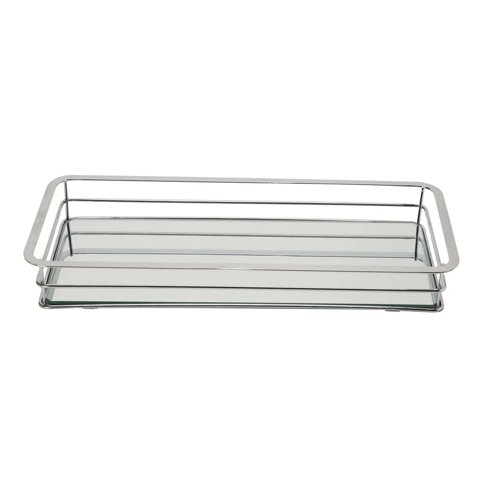 Chrome Finish Vanity Tray Reflective Glass Base Storage Cosmetics Jewelry Perfumes Toiletries Ideal Dresser Bathroom Decor