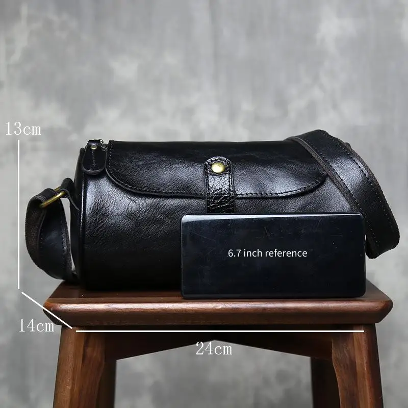 Men's Small Genuine Leather Crossbody Bag  Urban Streetwear Top Grain Cowhide Cylinder Shoulder Bag