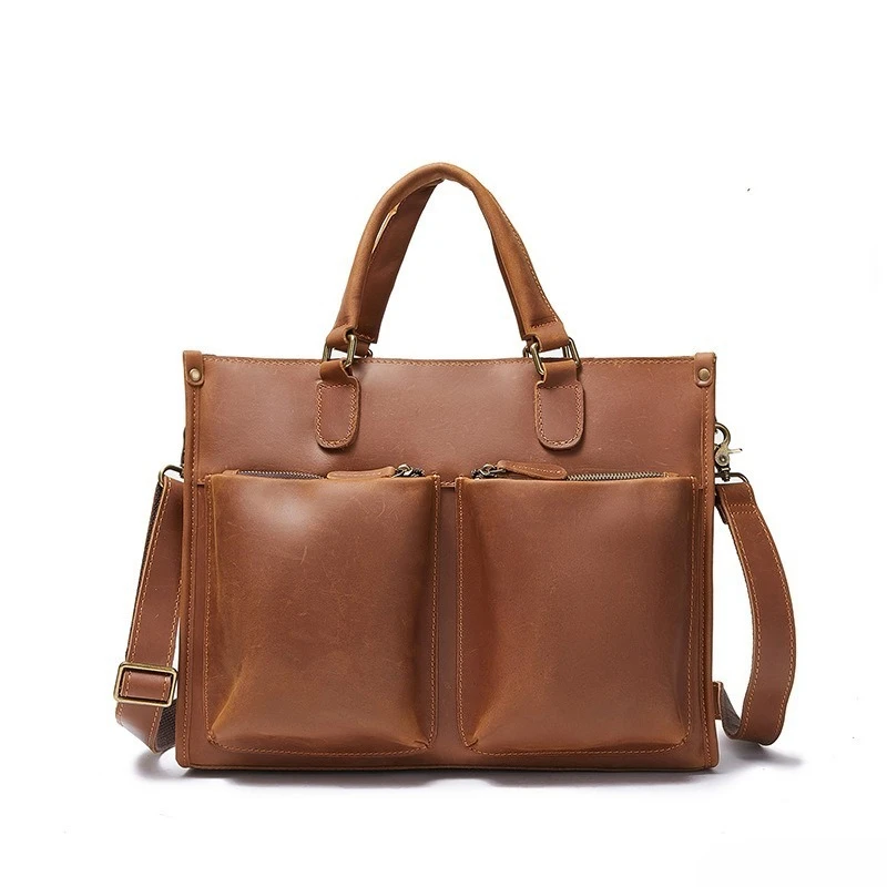Men's Vintage Leather Briefcase Large Capacity Padded Laptop Compartment Crazy Horse Leather Business Handmade