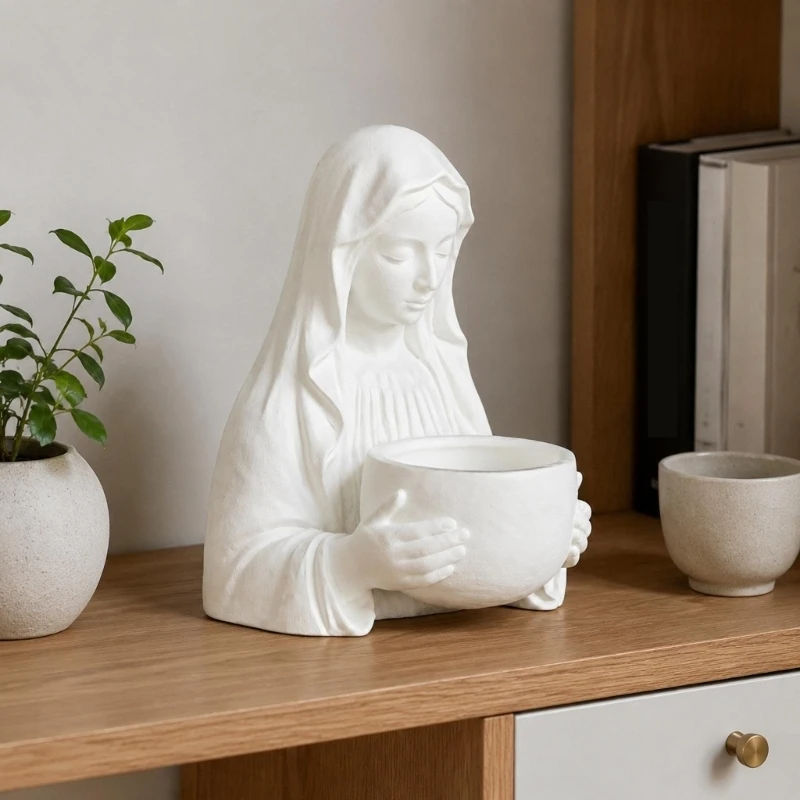 Catholic Our Lady Sculpture Holy Mother Statue Rosary Holder with Textured Drapery and Integrated Form for Interior Study 37JD