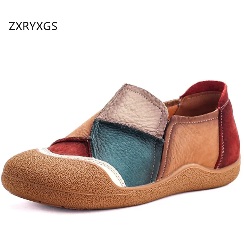 ZXRYXGS 2026 New Top Cowhide Splicing Spell Colors Real Leather Women's Vulcanized Shoes Fashion Casual Sneakers Flat Shoes Tide