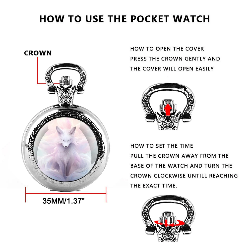 Orologio da tasca al quarzo con motivo animale FOX unico con pendente a collana nera, funzione mondiale, display analogico per donne, uomini e bambini