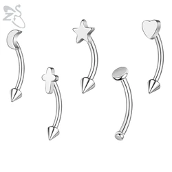 ZS 1PC 16G Heart Moon Cross  Bridge Piercing Stainless Steel Eyebrow Ring Curved Barbell Cartilage Earring Cone Labret Piercing