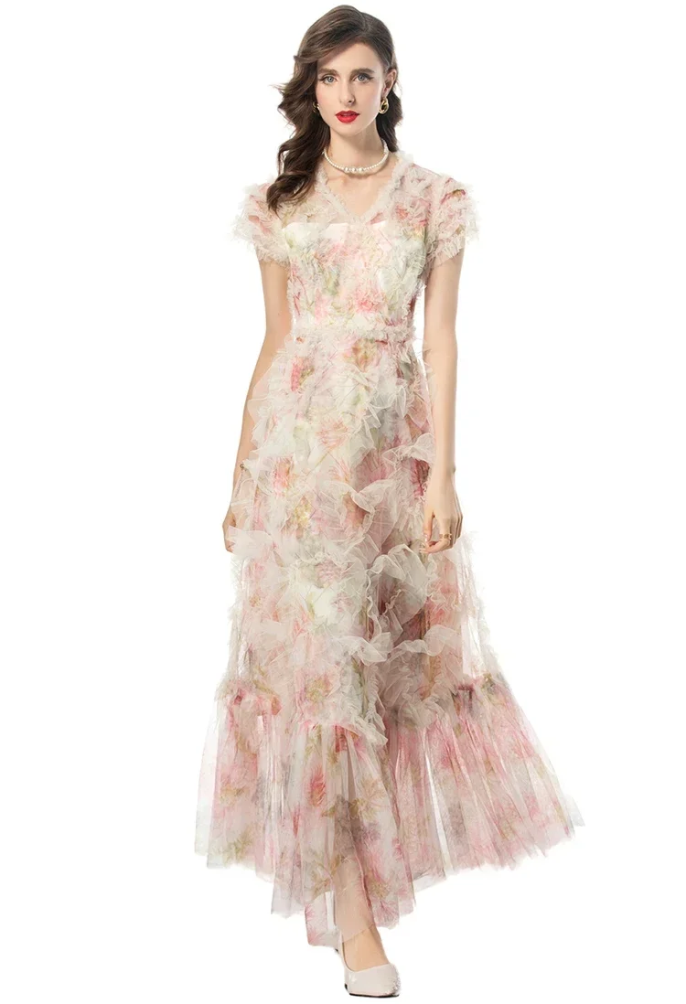 

Elegant 2024 Summer Women Dress Net Yarn Floral Print Cascading Ruffle Flutter Beach Princess High Quality Dresses