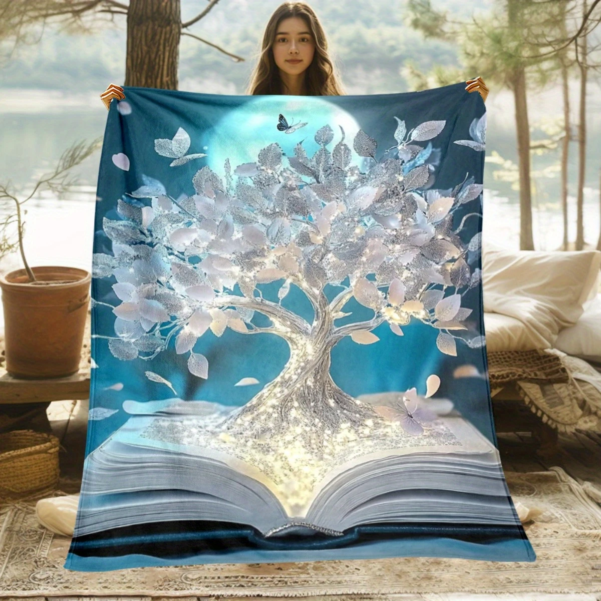 1x بطانية فانيلا مطبوعة على شكل شجرة الحياة من Fantasy Magic Book - سرير، أريكة، مكتب، سفر، هدية، ديكور، كرسي، مريح