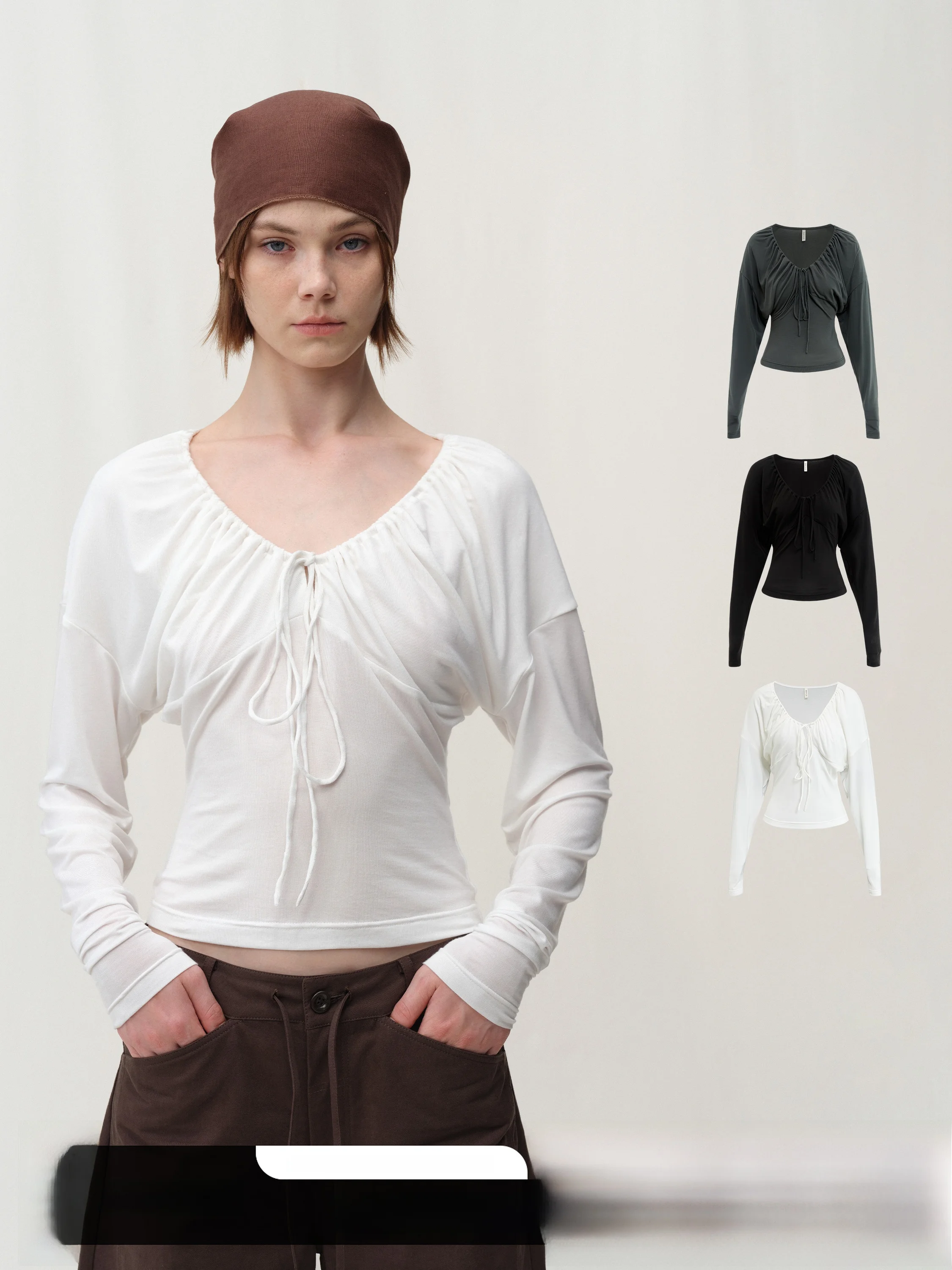 

Футболка с эффектом похудения, длинная футболка с рюшами на талии, осенний сезон, лацзин, лиоцелл, v-образный вырез, марлевый женский топ Sta Sense