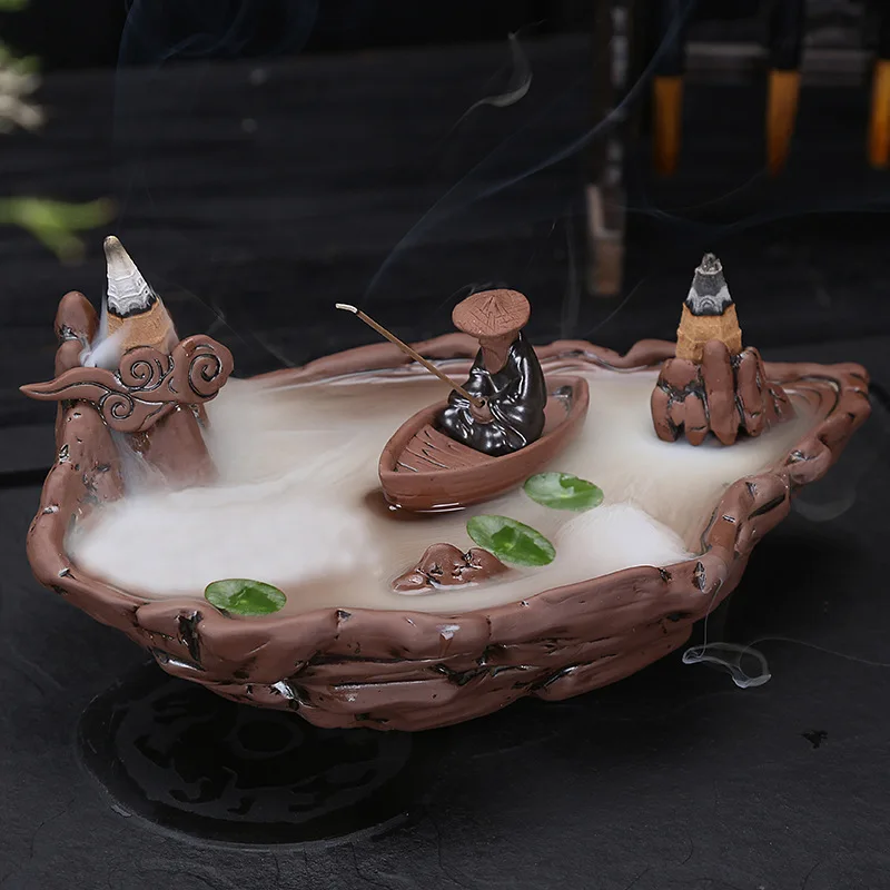 Fisherman Fishing Buddha Buddhist Backflow Incense With 10Pcs Cones Stick Censer Holder Use In Home Office