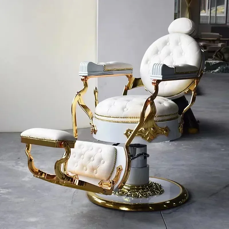 Vintage White Gold Hydraulic Barber Chairs Luxury 360° Rotate, Put Down, Elevated Eeadrest For Salon Beauty Shave