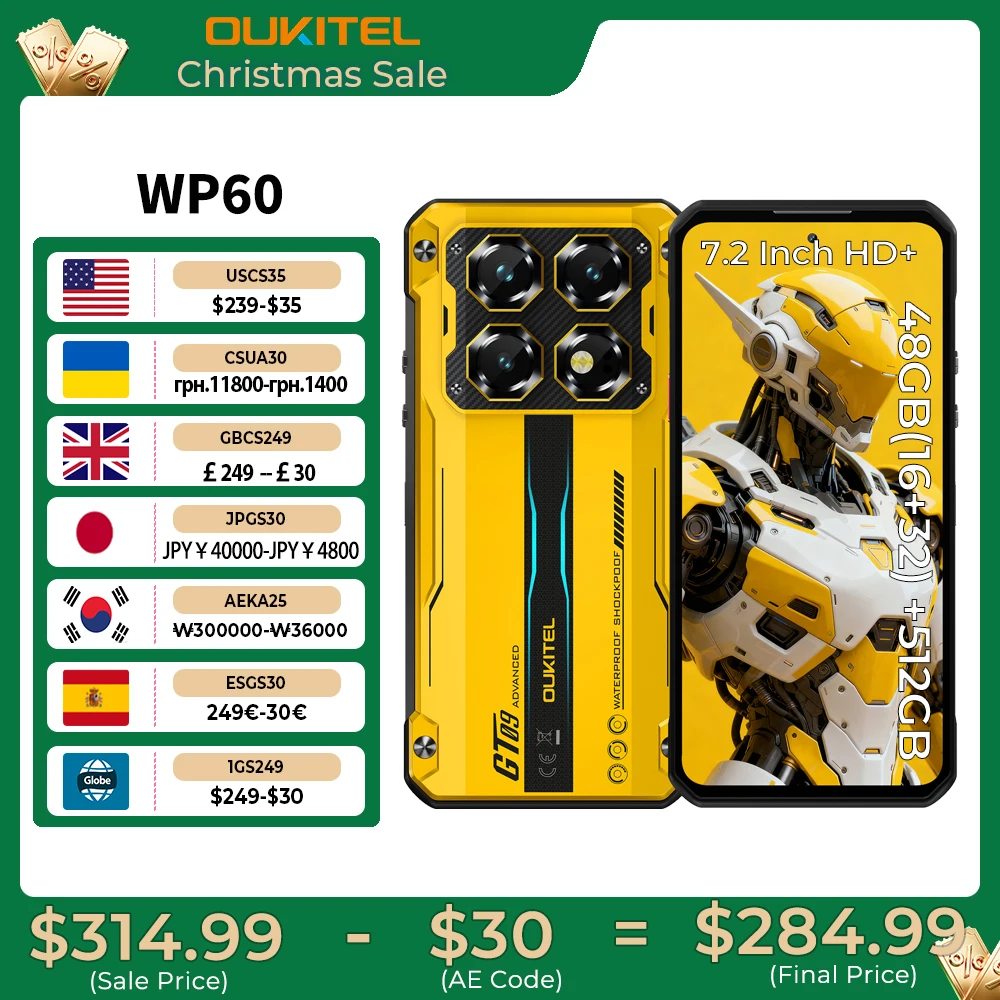 OUKITEL WP60 10000mAh Rugged Phone 7.2” HD+ Display 48GB(16+32) +512GB MTK 7025 Smartphone Android 15, 108MP Camera, NFC, 120Hz