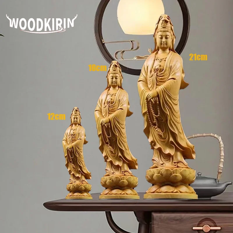 Natural Cypress Guanyin  Buddha Decorative Characters Statue ,Solid Wood Art Carving Home Room Office Feng Shui Statue