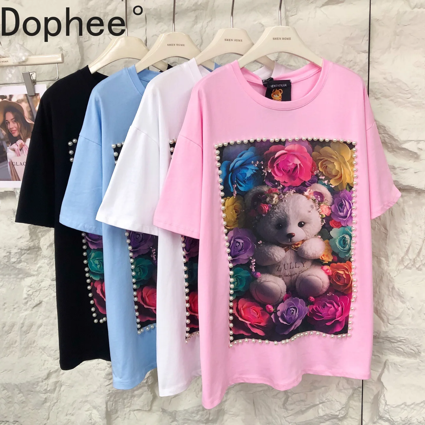 

Fashion Summer Pink Short Sleeve T-shirt Women Cute Cartoon Printed Beading O-neck Pullover Top Female Cotton Basic Tees 2025