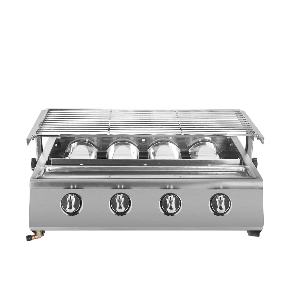 GZZT 4 Burners Gas BBQ Grill Stainless Steel Smokeless Stove W/ Burner Protecting Covers Use LPG Roast Griddle Barbecue Tools