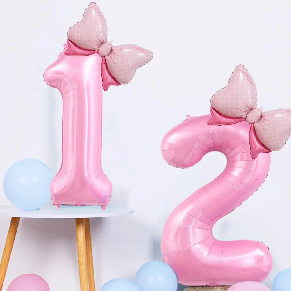 Balloons with Straw 40 Inch Happy Party Balloon Set with Number Bowknot Shape Aluminum Film Balloon Straw Pink Number for Girls