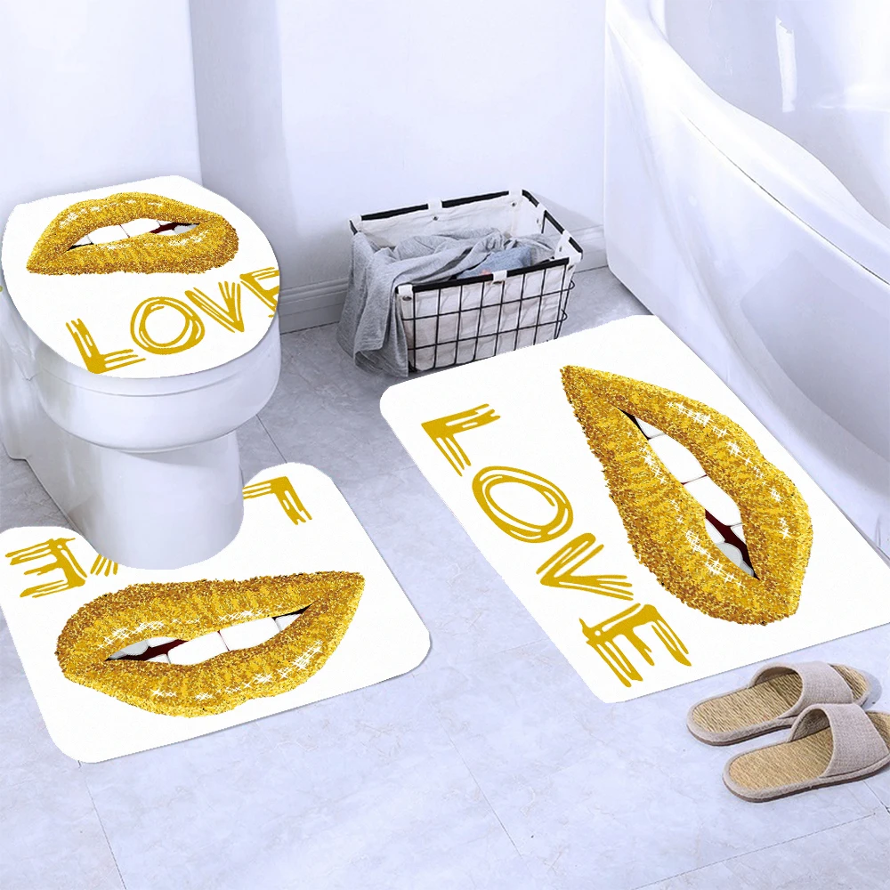 Love Print Shower Curtain Golden Lips Girl Bathroom Partition Waterproof Bath Curtains Toilet Bathtub Mat Set Home Decoration