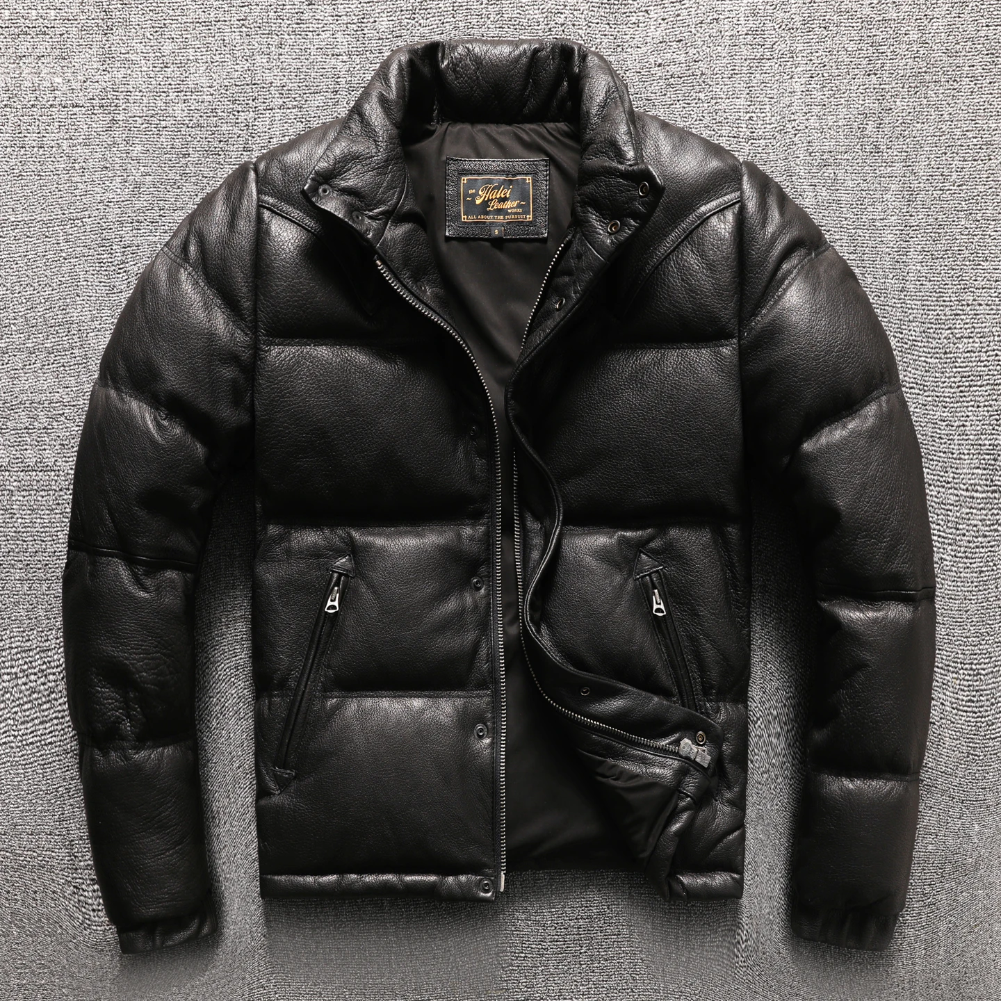 سترة رجالية سميكة ودافئة بياقة واقفة مصنوعة من جلد الماعز وأسفل البط، نمط الشتاء #4