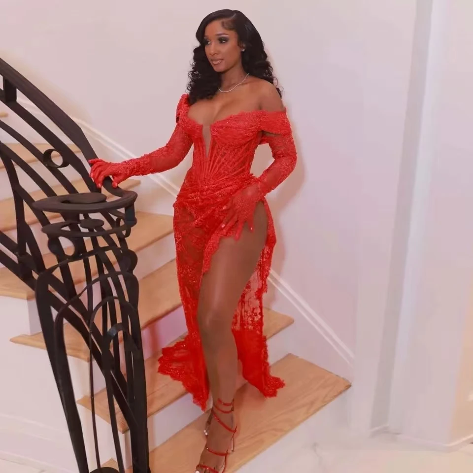 Sexy Red Long Prom Dresses 2025 With Two Gloves Slit Lace Birthday Party Off Shoulder Corset Gowns Robe Lace-Up Back Customized