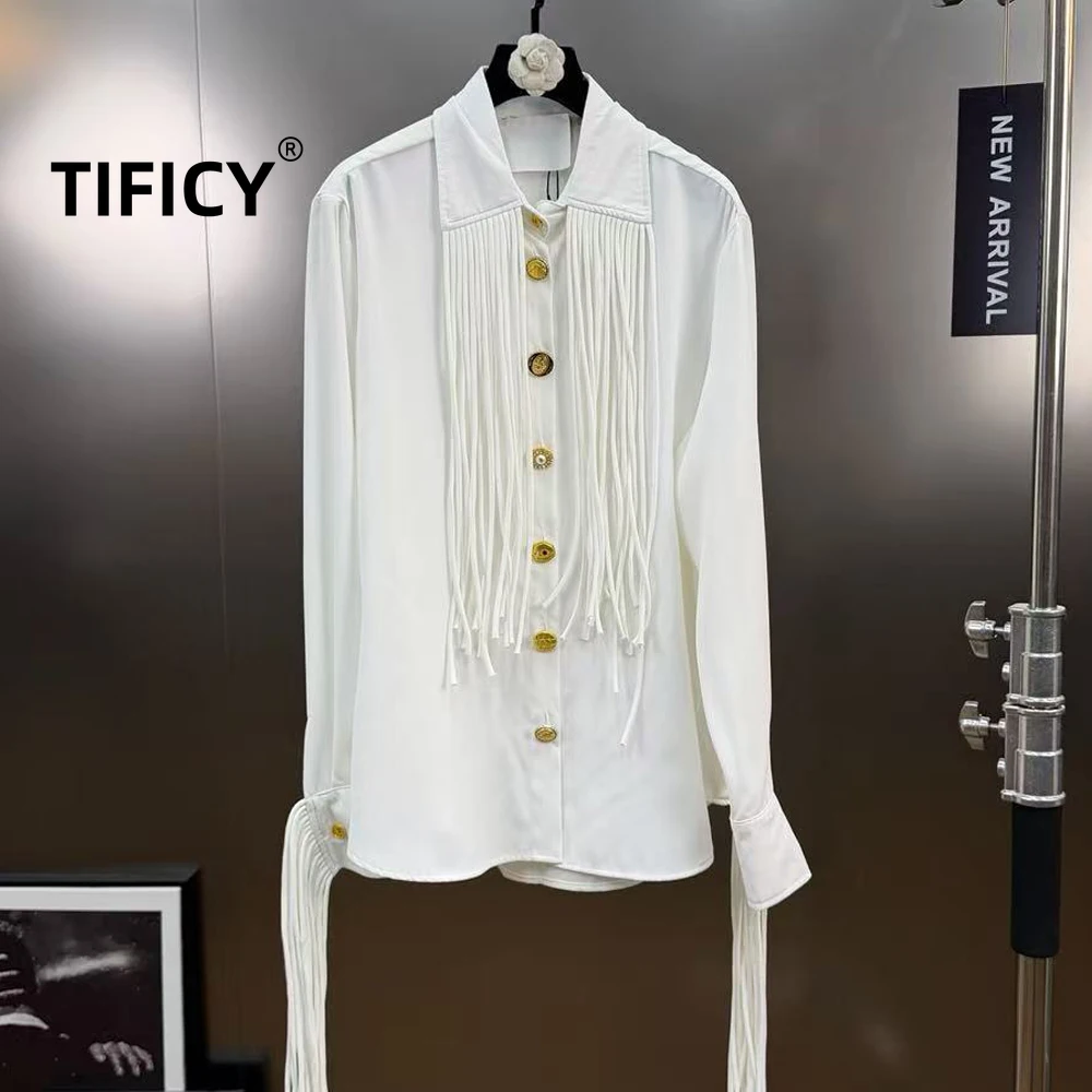 

High Street Shirts Topw Women's Fashion Spring Black Tassel Long Sleeved High-end Metal Buckle White Shirts Top