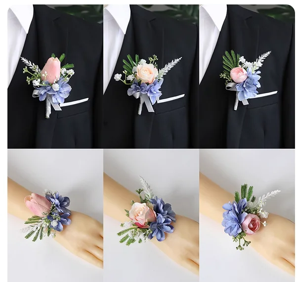 Pink and blue corsage wrist flower bride and groom lapel flower sisters hand flower tulip rose wedding ceremony photography
