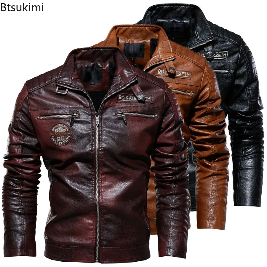 

2025 Leather Jackets Men's Autumn Winter Fleece Motorcycle PU Leather Jackets Vintage Casual Stand Collar Windbreaker Slim Coats
