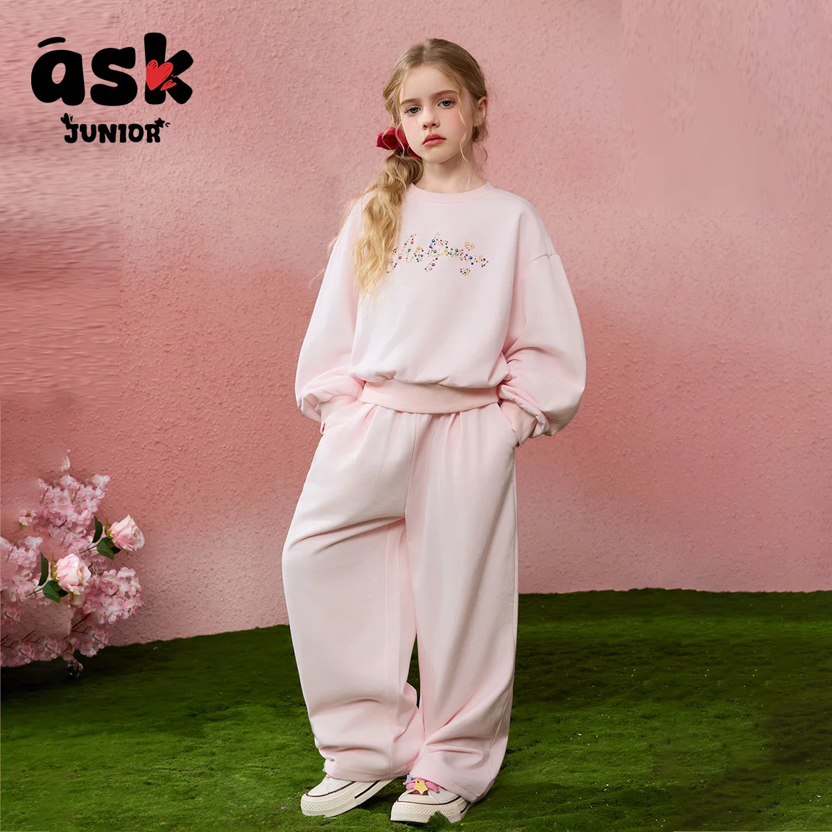 اسأل جونيور [بدلة أطفال] بلوفر ربيعي للفتيات برقبة دائرية وأكمام طويلة وسراويل مستقيمة وبنطلون من قطعتين