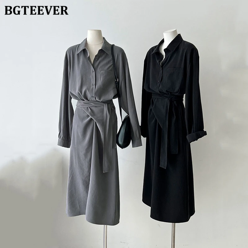 BGTEEVER automne élégant revers à manches longues femme chemise robe élégante taille mince simple boutonnage robe trapèze pour les femmes
