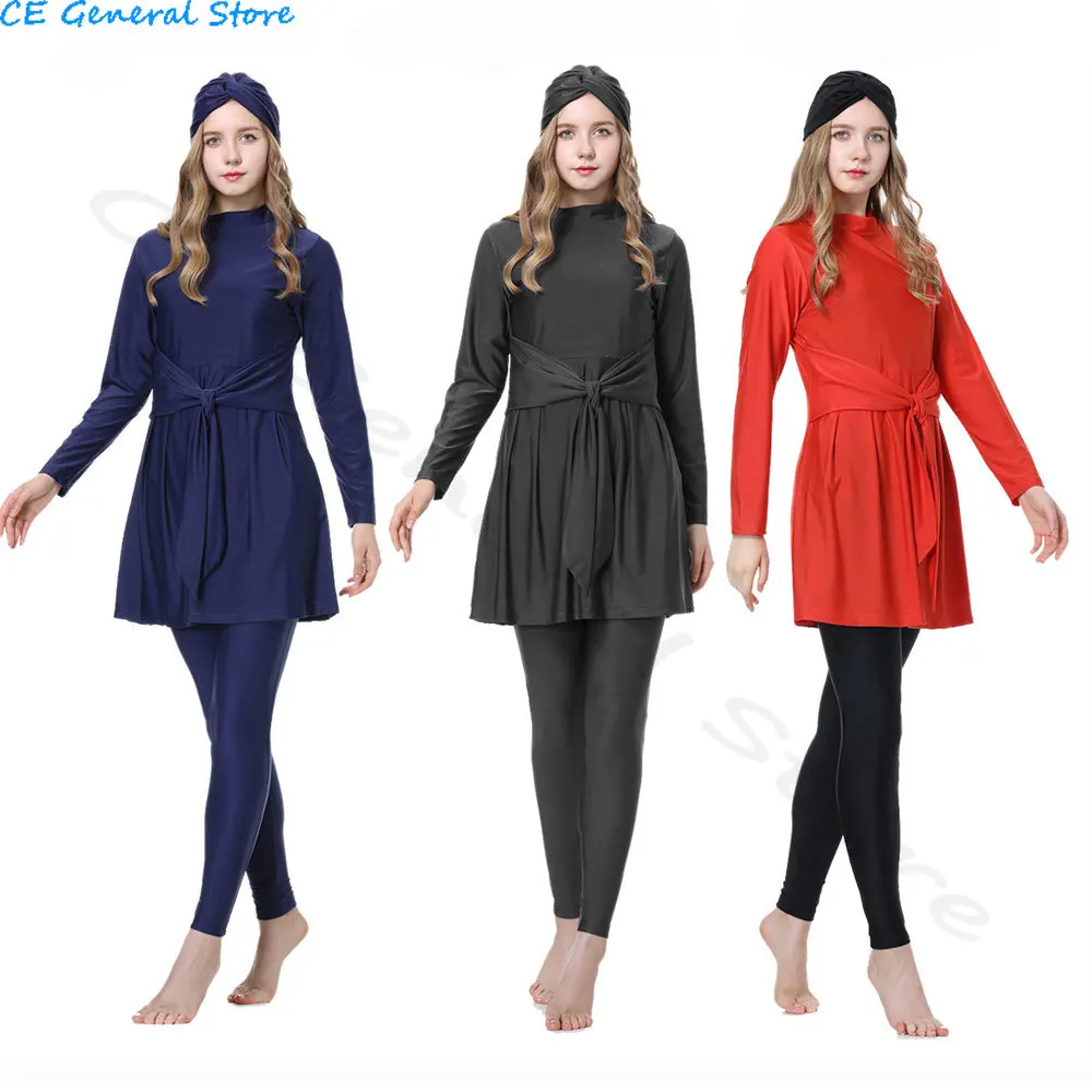 4 Pieces Burkini Muslim Swimsuit for Women Full Cover Modest Islamic Rash Guard Beach Wear Elegant Bowknot Removable Belt S-3XL