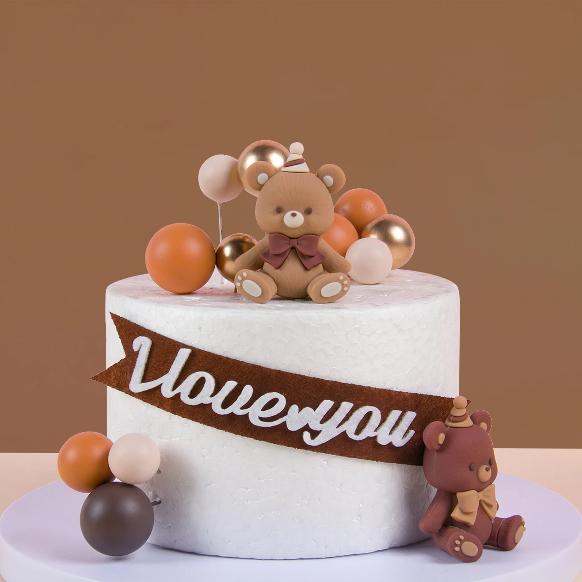 Brown Bow Bear Doll cake topper Earth Color Foam Ball Happy Birthday Cake decorazioni Baby Shower Lovers forniture per feste di matrimonio