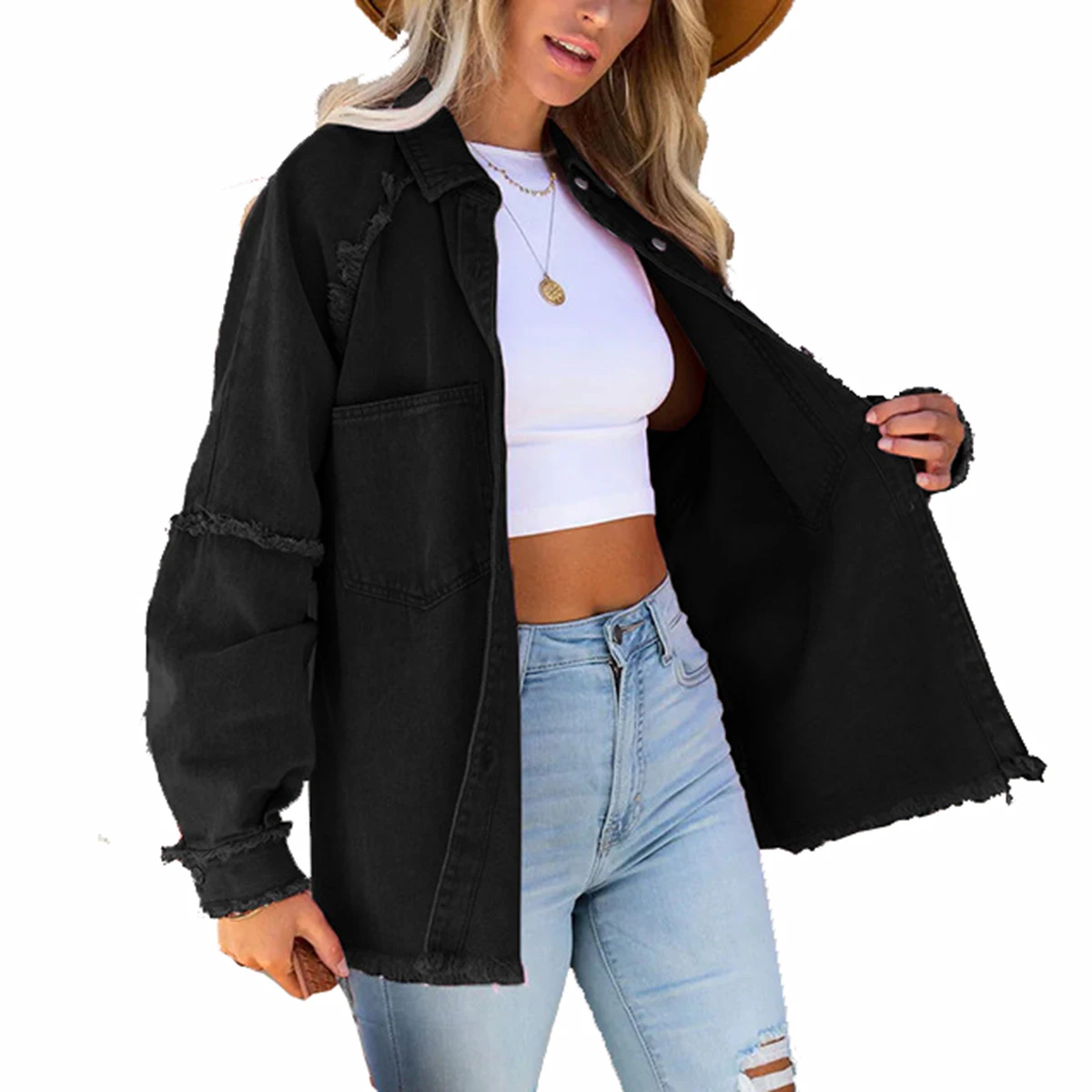 

Women's Denim Jacket Long Sleeve Frayed Edges Hem Oversized Fit Button Up Medium length Loose Jean Coat