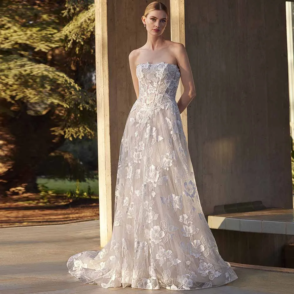 فساتين زفاف الكنيسة حالمة الدانتيل ألف خط فساتين حفلات الزفاف العاج حمالة زين Ruched سستة فستان الزفاف المرأة طويلة #1