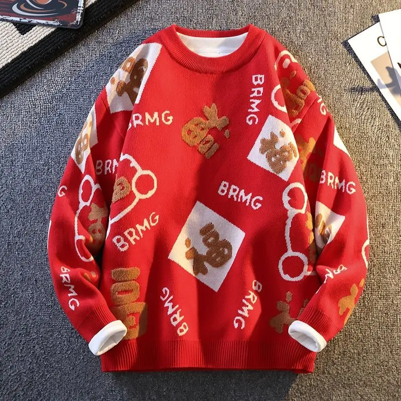 

Праздничный вязаный свитер YF для пар, дизайн с китайским зодиакальным годом, теплая одежда с длинными рукавами и круглым вырезом, хлопок/полиэстер