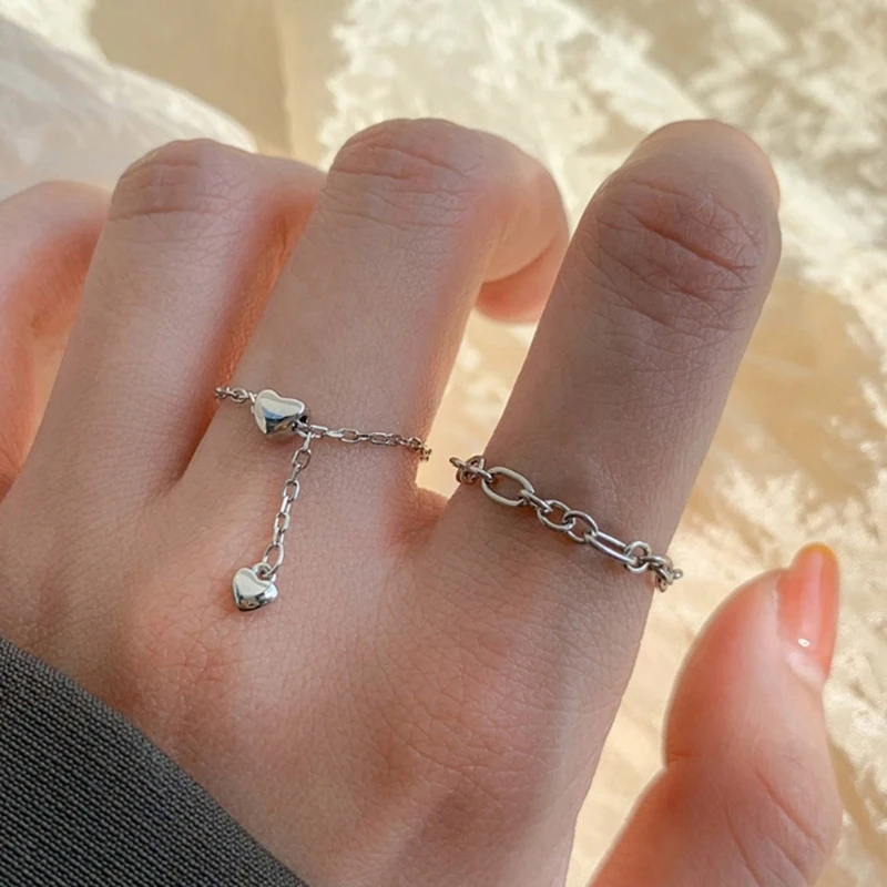 Simple Heart Tassel Adjustable Rings Silver Color Chain Pendant Ring Romantic Circle Rings Women Girls Finger Jewelry