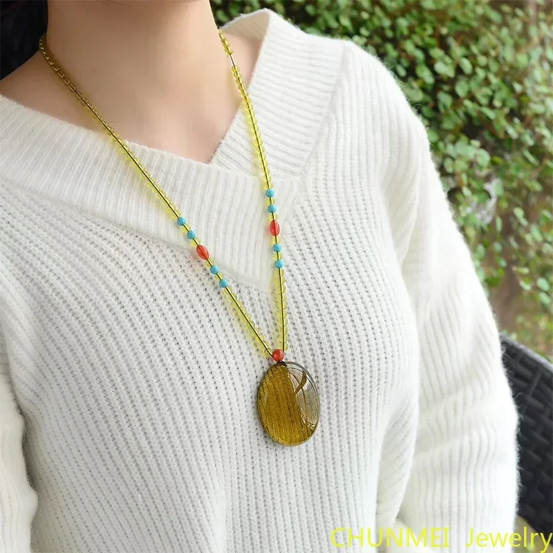 

Dominican BLUE AMBER Beeswax Buddhism Heart Sutra Pendant Sweater Chain Beeswax Amber Necklace for Men and Women