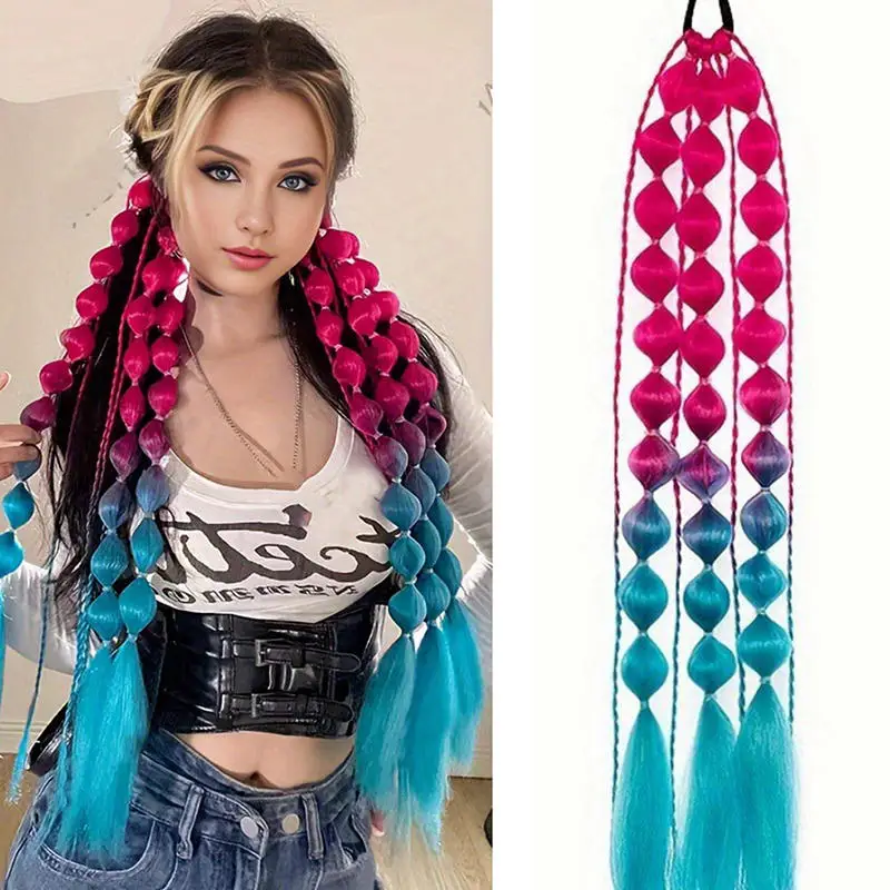 

Gradient Colored Wig Braid Lantern Bubble Twisted Strand Braid Fashionable Women's Street Style Woven Braid Ponytail Wig