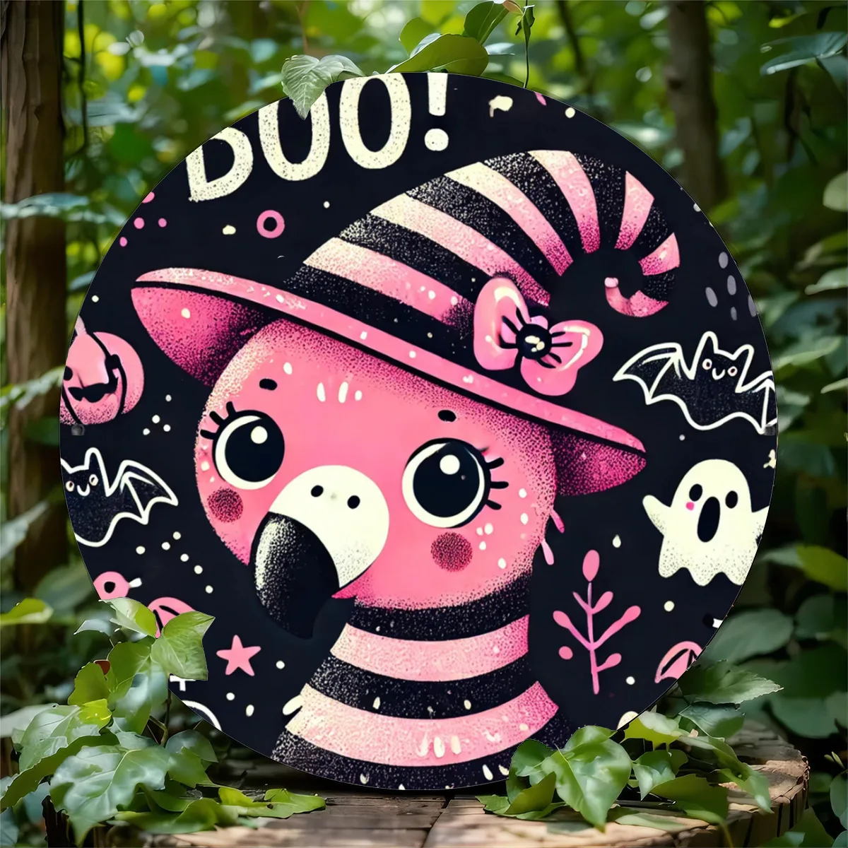 

Pink Flamingo Witch Halloween Metal Sign - 7.8" Round Aluminum Decor for Home, Cafe, Patio, Gift for Friends \u0026 Family