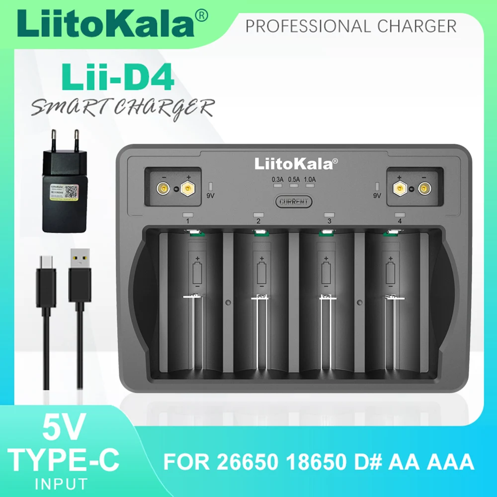 LiitoKala Lii-D4 Lii-D4XL 3.7VLi-ion 1.2V NiMH/Cd 26650 18650 26700 D 9V AA AAA LCD Lithium NiMH Smart Battery Charger