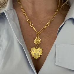 Chunky Gold Color Heart Pendants Necklace Sun Flower Necklaces for Women Aesthetic Jewelry Hip Hop Zircon Choker Christmas Gift