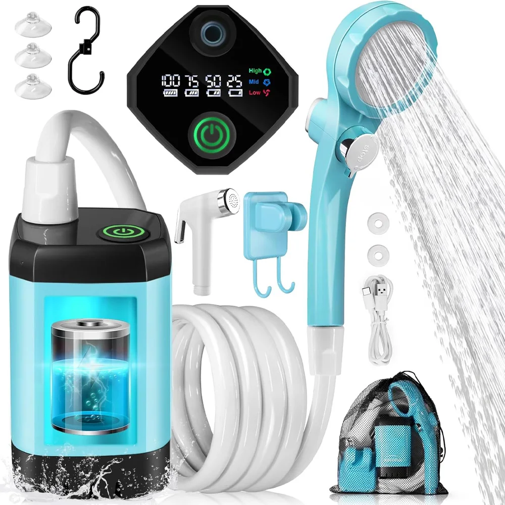 Ensemble de douche de camping étanche, douche portable d'extérieur 6000mAh avec écran de pompe, affichage numérique intelligent, tuyau de 2m, sac de rangement pour camping, randonnée, lavage de voiture, nettoyage des animaux, bleu