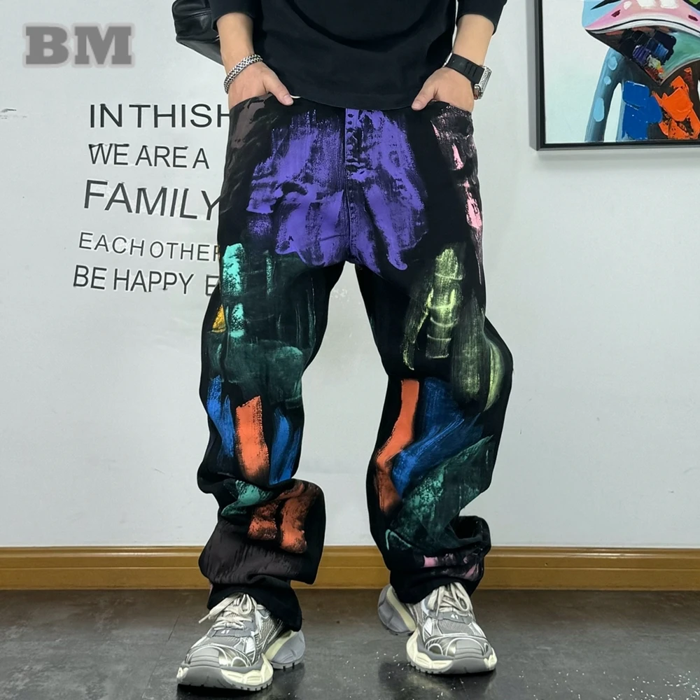 

Korean Streetwear Colorful Graffiti Trend Baggy Jeans For Men Hip Hop Denim Pants Fashion Mens Jeans Casual Cargo Trousers Male
