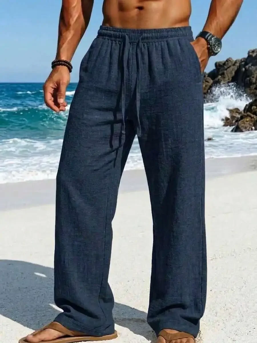 

Mens Summer Loose Drawstring Pants With Pockets Breathable Casual Long Trousers For Beach Vacation