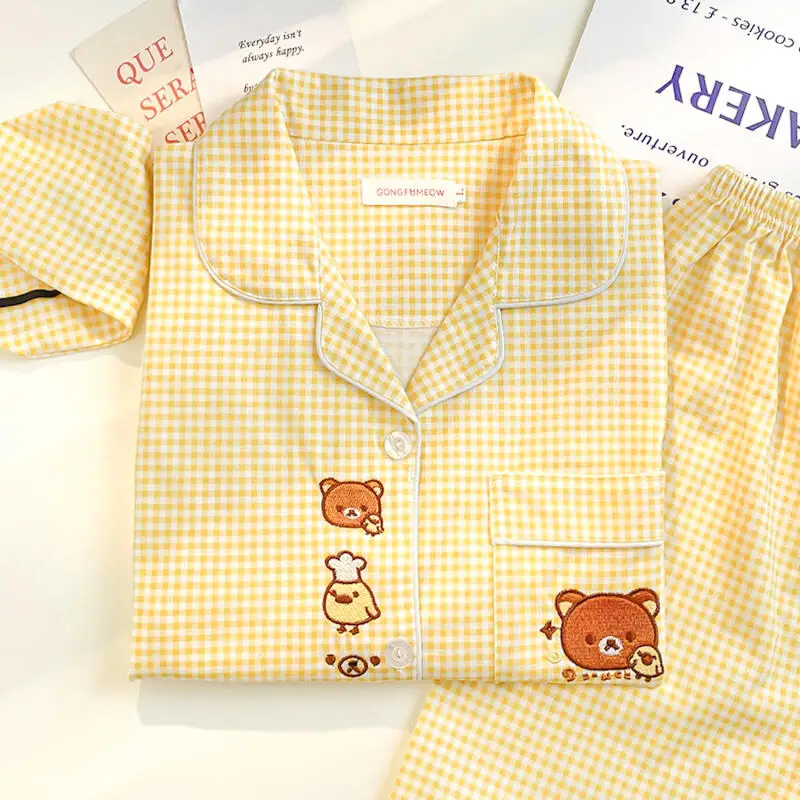 بيجامة Rilakkuma للنساء في الربيع والخريف سراويل بأكمام طويلة من القطن الخالص فتاة كرتونية صفراء متقلب ملابس منزلية لطيفة
