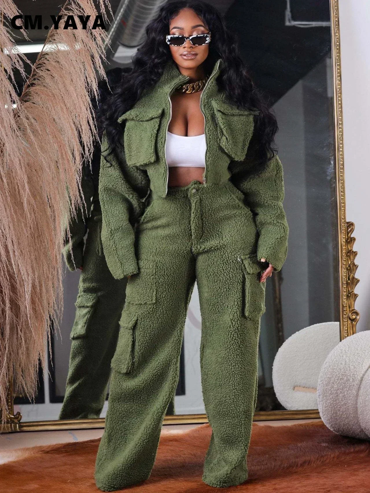 CM.YAYA Fashion Fleece Women's Set Long Sleeve Jacket and Pocket Wide Leg Pants 2024 Cargo Two 2 Piece Sets Outfits Tracksuit