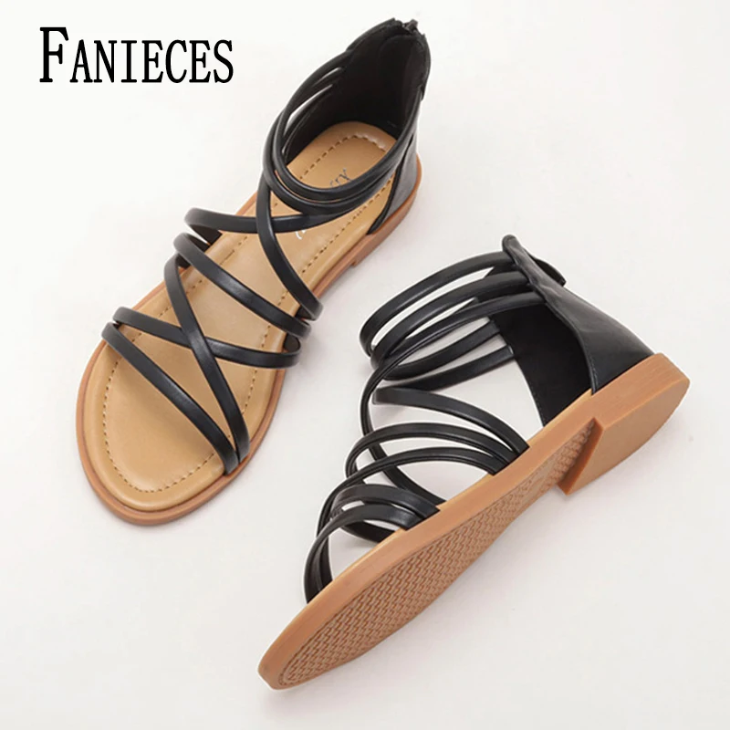

Narrow Band Women Flat Sandals Summer Large Size Casual Open Toe Gladiator Roman Shoes Ankle Strap Back Zipper Beach Sandalias