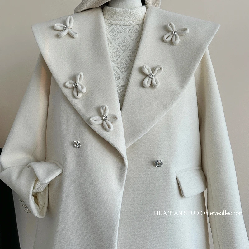 

Korean Style Solid Navy Turn-down Collar Coat for Women Winter Three-dimensional Applique Loose Long-sleeved Thick Top Jacket