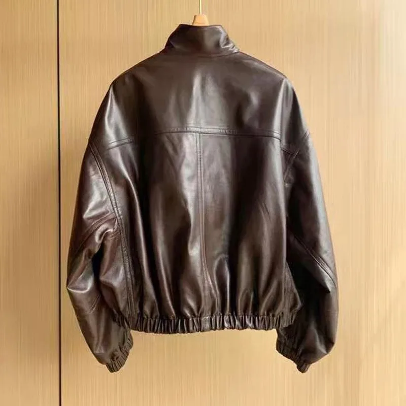 Veste en cuir minimaliste pour femmes, manteau moderne en peau de mouton véritable, col montant, Silhouette courte, haut d'hiver