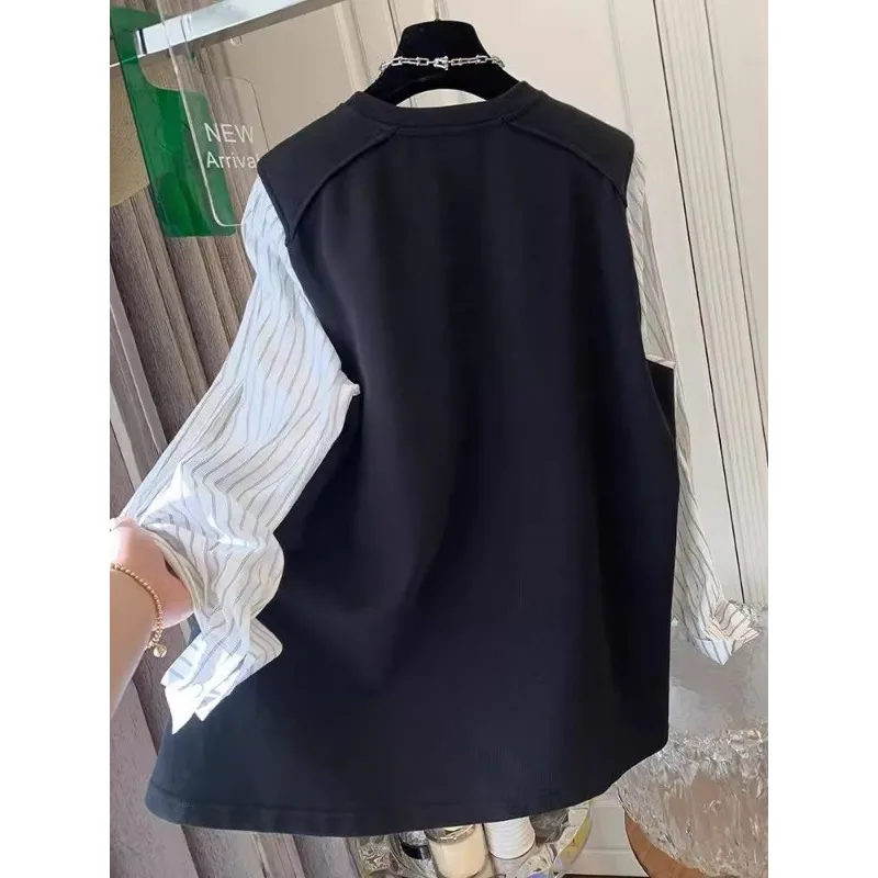 

2025 New Autumn Temperament Striped Shirt Fake Two-piece Sweatshirt Women's Loose Casual Lazy Style Slit Top