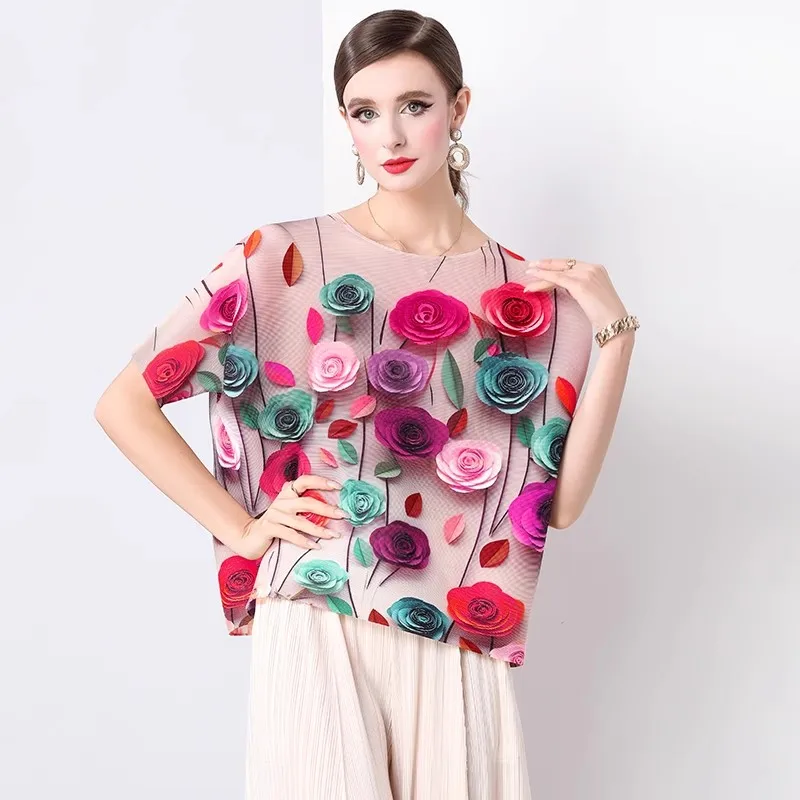 Gorgeous 3D Rose Floral Print Miyake Pleated Blouses Shirts For Women High Stretchy Batwing Sleeve Casual Loose Chiffon Tops