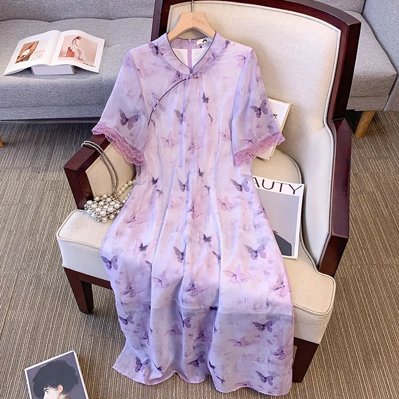 150Kg Plus Size Women's Bust 150 Summer Loose New Chinese Qipao Youth Retro Dress Purple 5XL 6XL 7XL 8XL 9XL