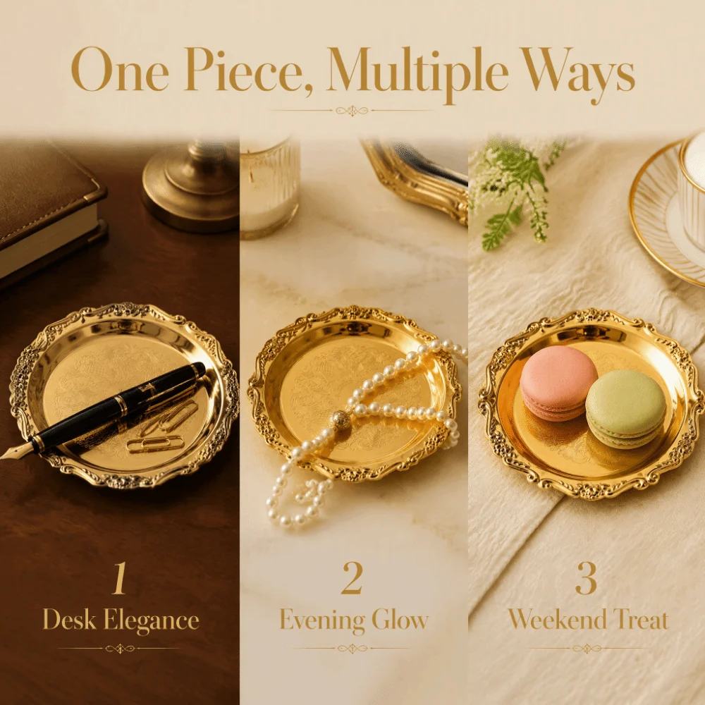 2pcs Golden Color Metal Serving Plate 4 Inch Diameter Vintage Style Round Food Tray Carved Edge Dessert Cake Dish