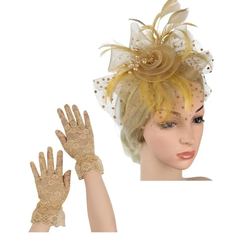 39BD Set aus zartem Brautschleier, Fascinator und Handschuhen mit Zierfedern für Bräute – Detail 10