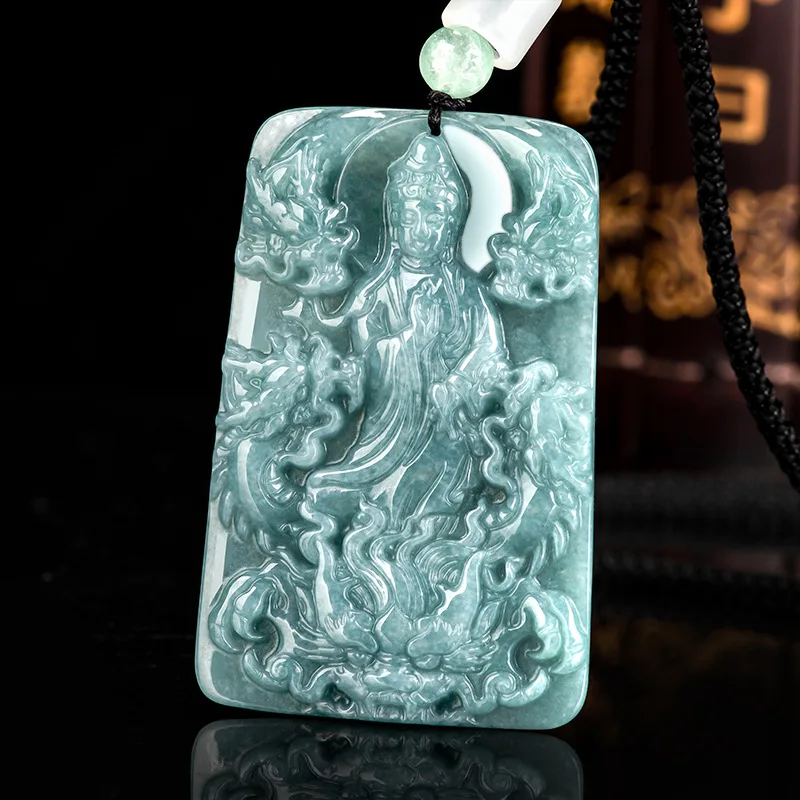 

Natural A-grade Jade Pendant Blue Water Nine Dragon Guanyin Pendant Ice Seed Jade Pendant Men's and Women's Jade Necklace